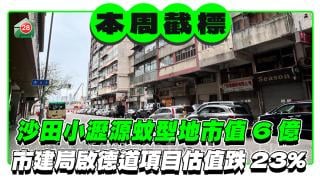 本周截标 沙田小沥源蚊型地市值6亿 市建局九龙城启德道项目估值跌23%。