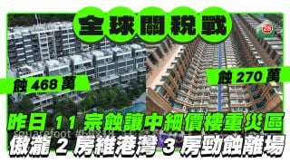全球關稅戰｜昨日錄11宗蝕讓中細價樓成重災區 傲瀧2房蝕468萬維港灣3房蝕270萬