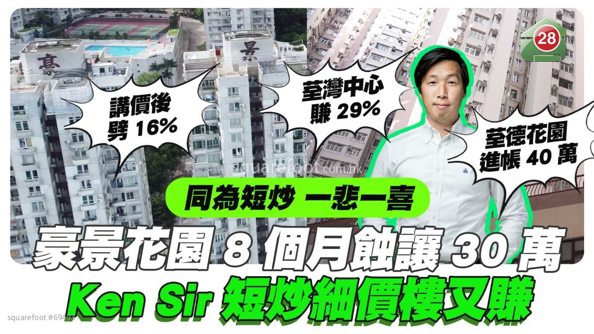 短炒一悲一喜｜豪景花園8個月蝕讓30萬 Ken Sir炒荃灣細價樓又賺29%
