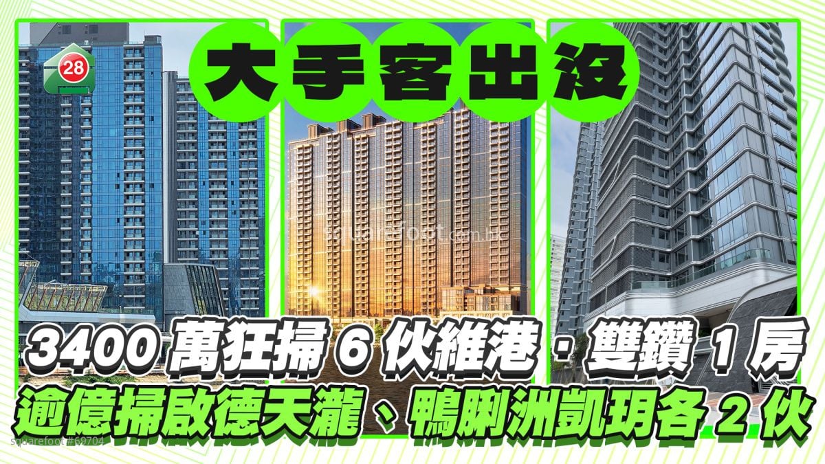 大手客出没｜3400万狂扫6伙维港．双钻 1房｜逾亿扫启德天泷、鸭脷洲凯玥各2伙 