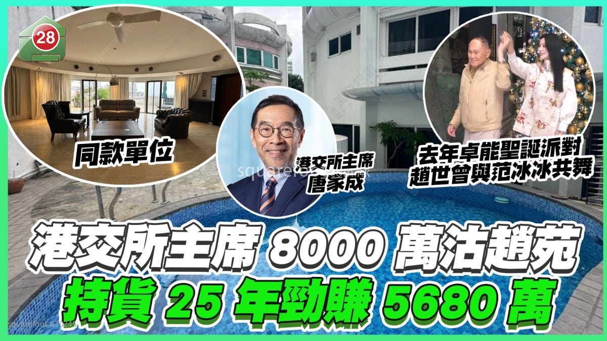 港交所主席唐家成8,000萬沽趙苑洋房 持貨25年勁賺5,680萬