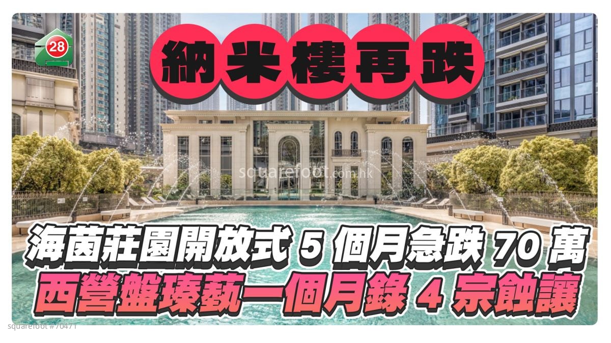纳米楼再跌｜将军澳海茵庄园开放式5个月急跌70万 西营盘瑧蓺一个月录4宗蚀让