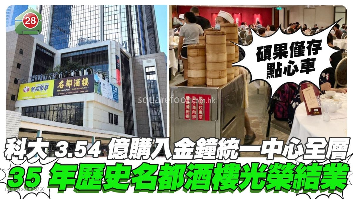 科大3.54億購入金鐘統一中心全層 35年歷史名都酒樓光榮結業