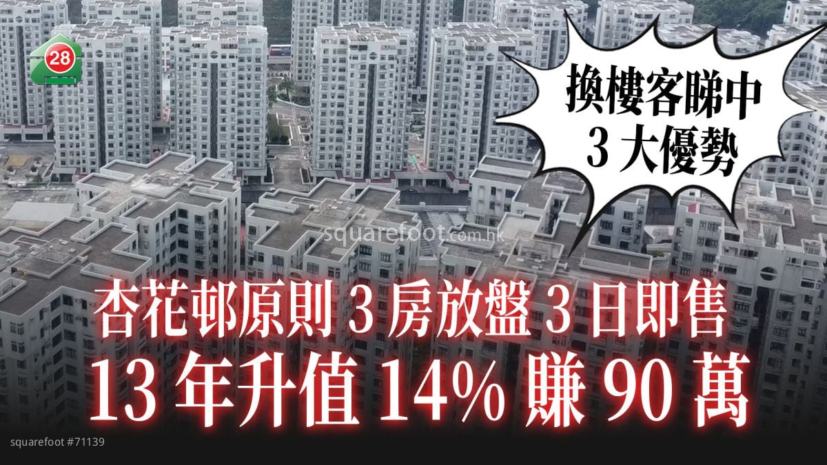 杏花邨原则3房放盘3日即售 13年升值14%赚90万 换楼客睇中3大优势！　