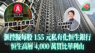 滙控擬每股155元私有化恒生銀行｜恒生高層趙蕙雯4,000萬買比華利山4房