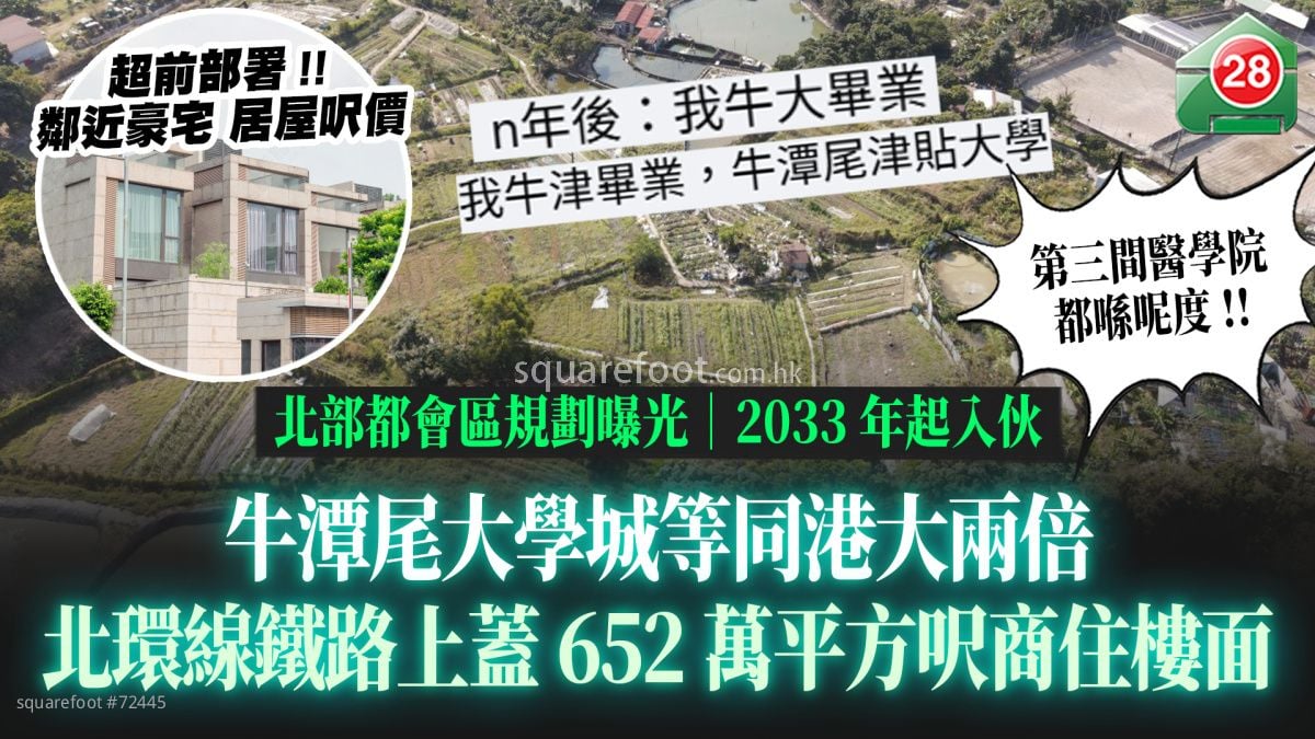 北部都会区规划曝光｜牛潭尾大学城等同港大两倍｜北环线铁路上盖652万平方尺商住楼面｜2033年起入伙