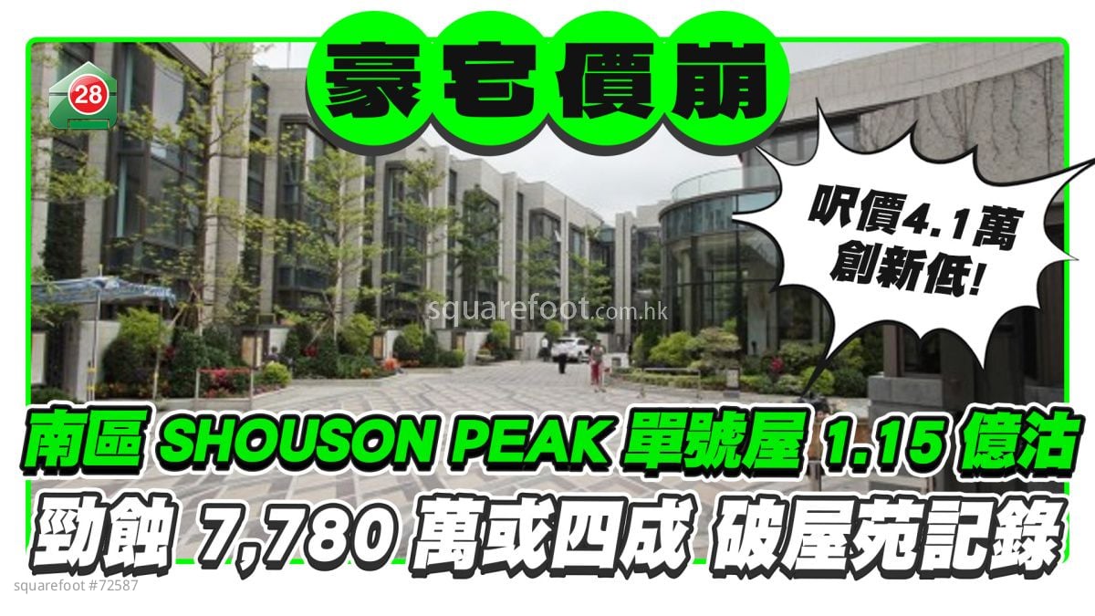 豪宅價崩丨南區SHOUSON PEAK單號屋1.15億沽 勁蝕7,780萬創紀錄