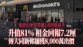 慈雲山麥當勞舖3,800萬易手 升值81% 租金回報7.2厘｜傳大同新邨舖獲8,000萬出價