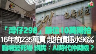 「灣仔298」舖位10萬開拍 16年前235萬買 起拍價插水96%｜各區「腦場」變「死場」 網民：AI時代仲「砌機」？
