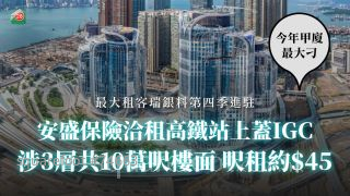 今年甲廈最大刁丨安盛保險洽租高鐵站上蓋IGC 涉3層共10萬呎樓面 呎租約45元