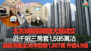 太古城长假期现大额成交 近千尺三房套1,595万沽｜超长情业主持货35年 劲赚1,307万升值4.5倍