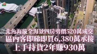 北角海璇全海景四房劈价520万成交 区内客即睇即买6,380万承接 上手持货2年赚930万