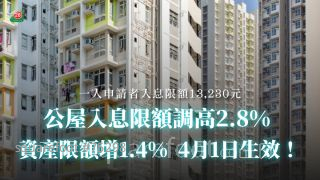 公屋入息限額調高2.8%  資產限額增1.4% 4月1日生效！