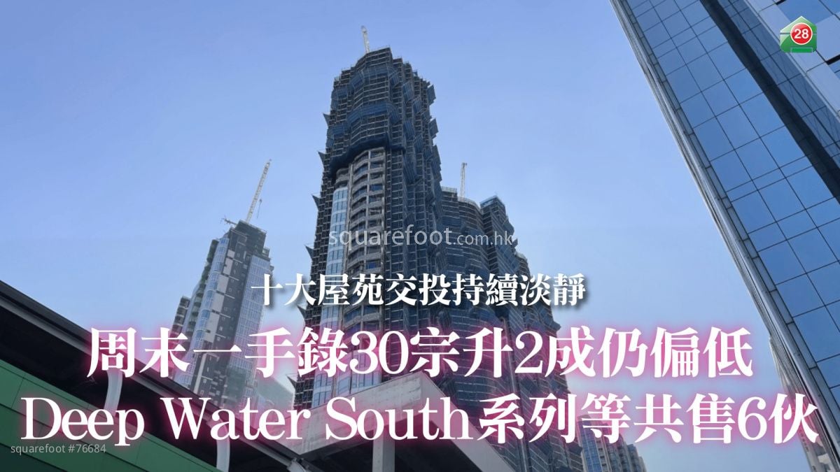 周末一手錄30宗升2成仍偏低｜Deep Water South系列等共售6伙｜十大屋苑交投持續淡靜