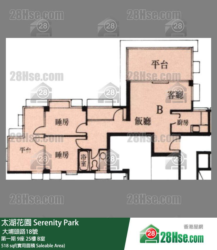 太湖花园 第一期 9座 25楼 B室 平面图